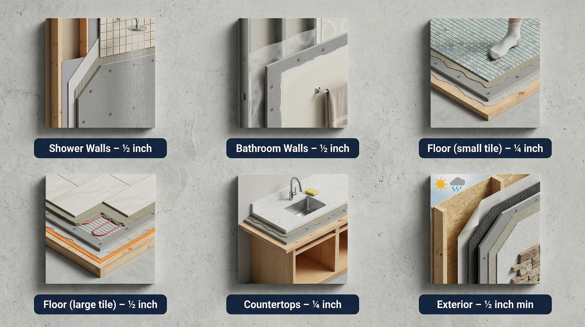 Cement board thickness chart showing recommended sizes for shower walls, floors, countertops, and exterior use