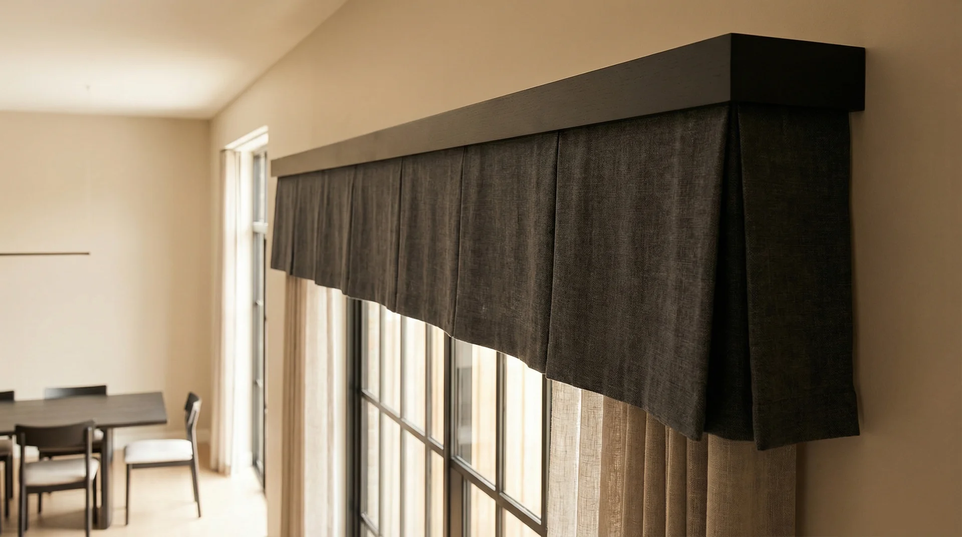 Charcoal linen box pleat valance with symmetrical folds mounted wide above a modern dining room window