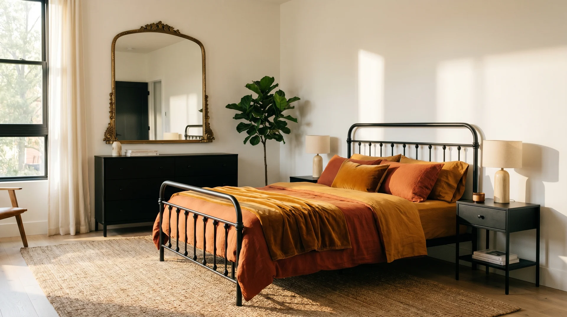 Charcoal matte headboard wall with burnt orange velvet bed frame, cream linen bedding, and dark metal lamps