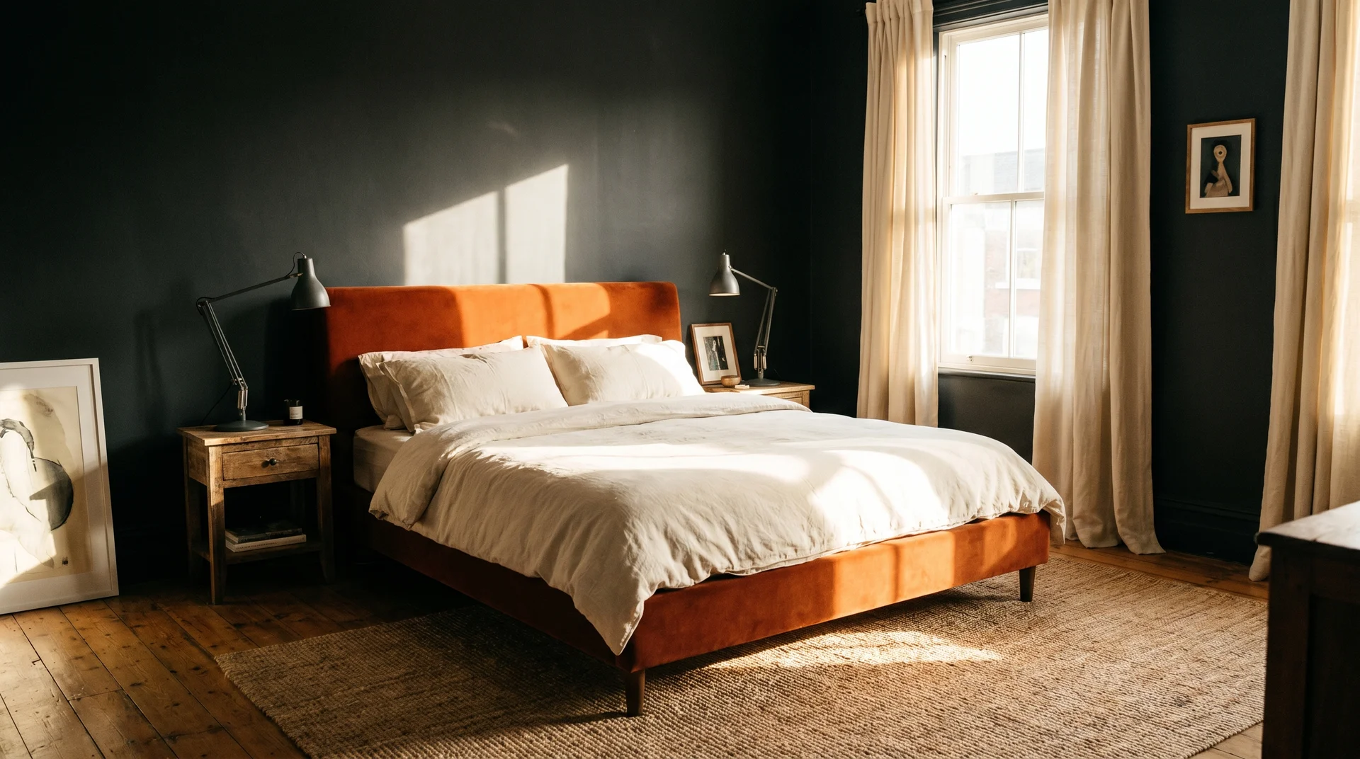 Charcoal matte headboard wall with burnt orange velvet bed frame, cream linen bedding, and dark metal lamps