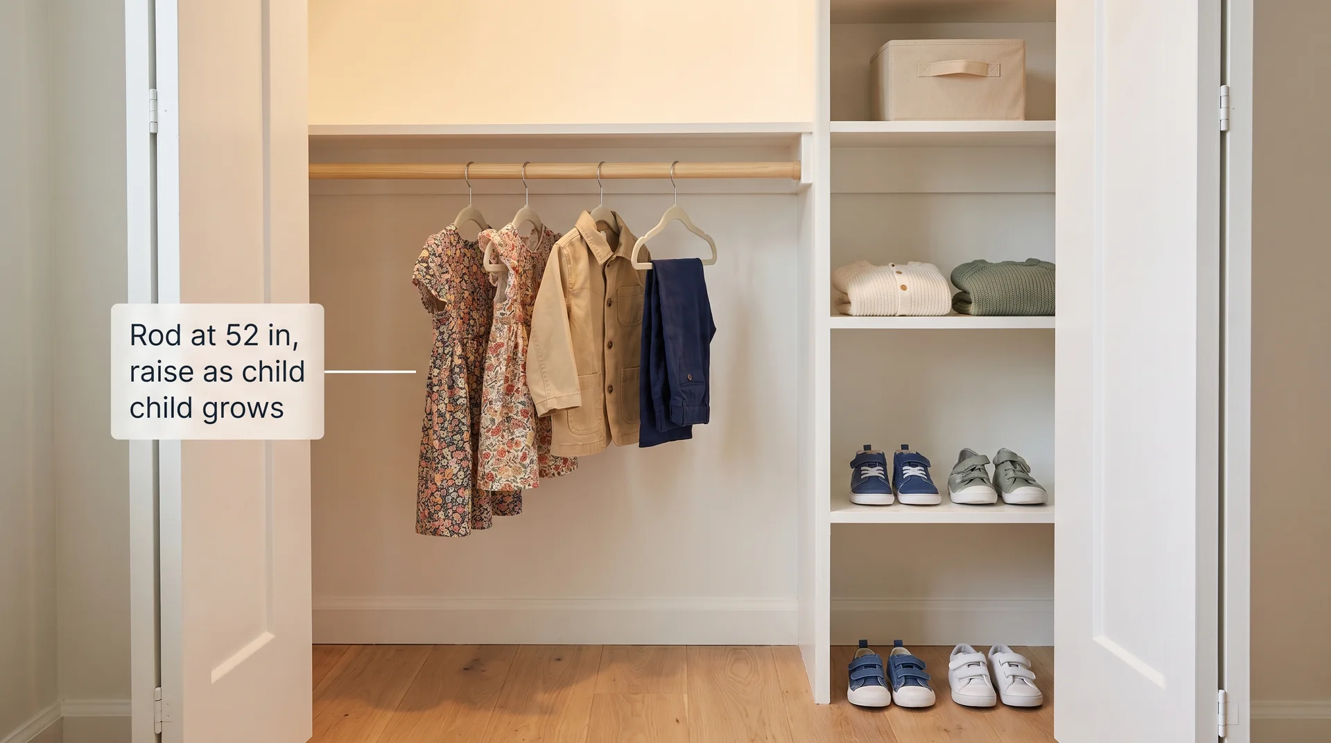 Children's reach-in closet showing a low hanging rod at 52 inches and a shelving column with shoes and folded clothes