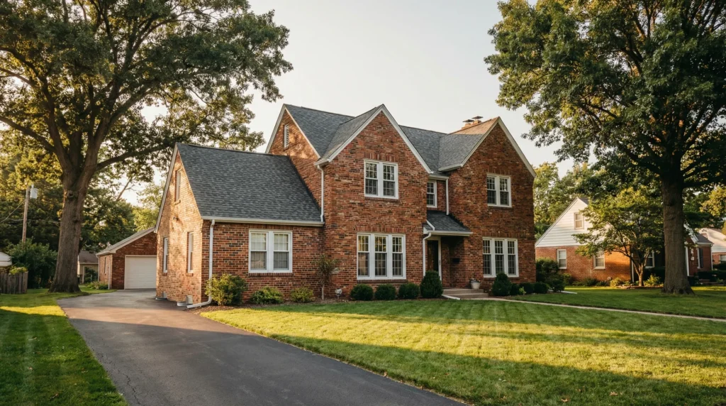 Classic 1940s Midwest brick home with full masonry facade, mature trees, and warm afternoon light