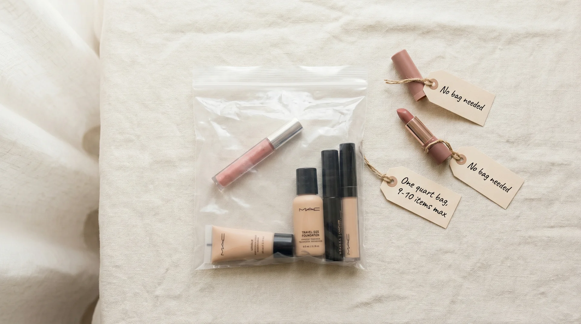 Clear TSA quart bag packed with travel beauty products beside solid lipstick and balm stick labeled no bag needed