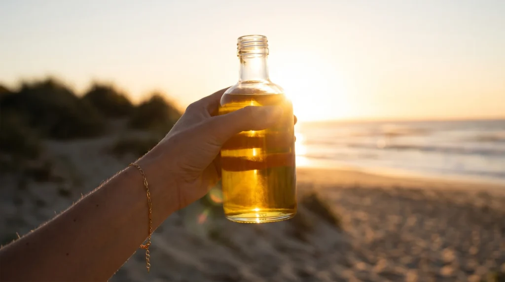 Clear oil bottle held up against a sunlit beach — baby oil for tanning risks explained