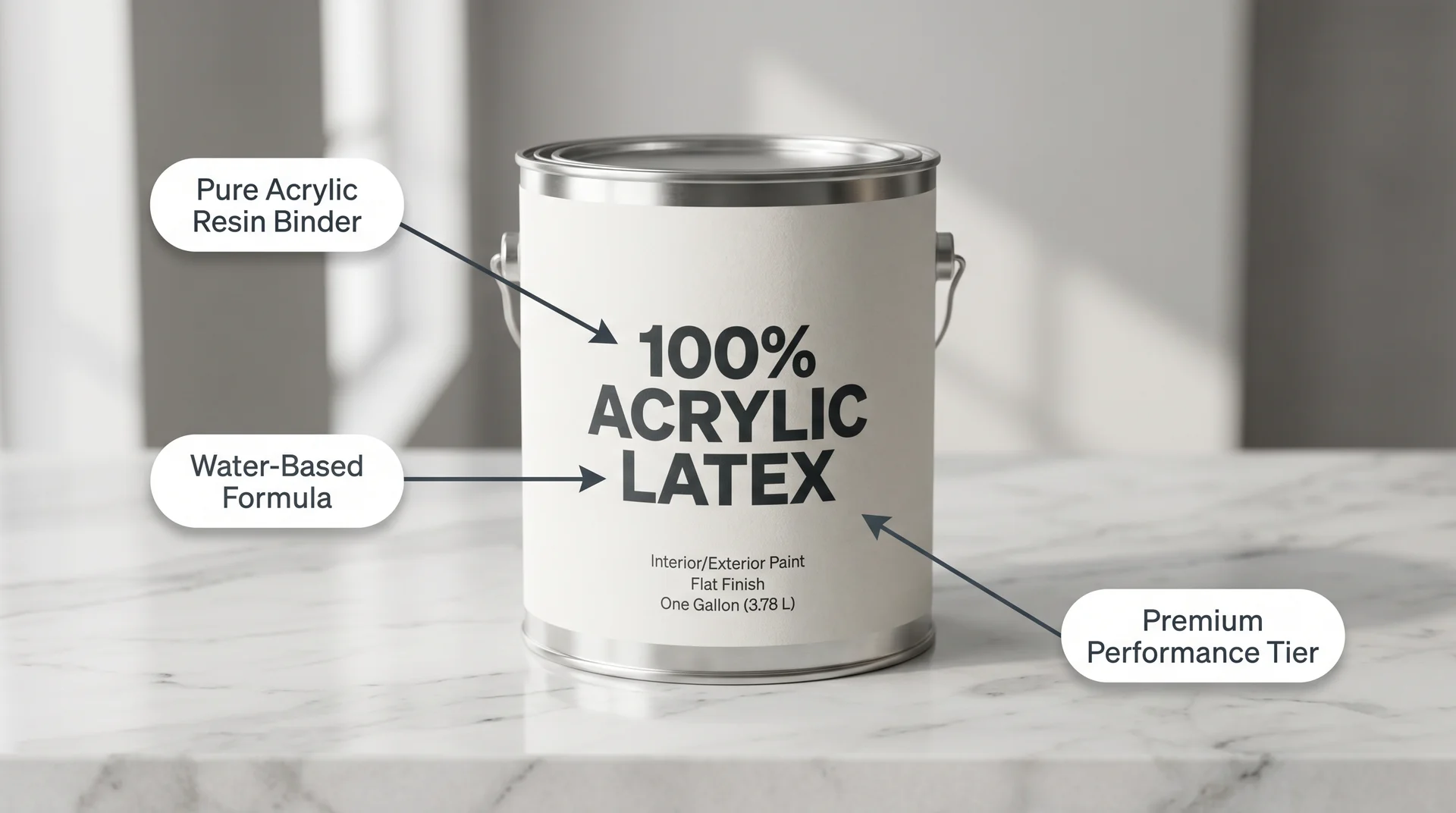 Close-up of a paint can label showing 100% Acrylic Latex with annotations explaining each term in the label