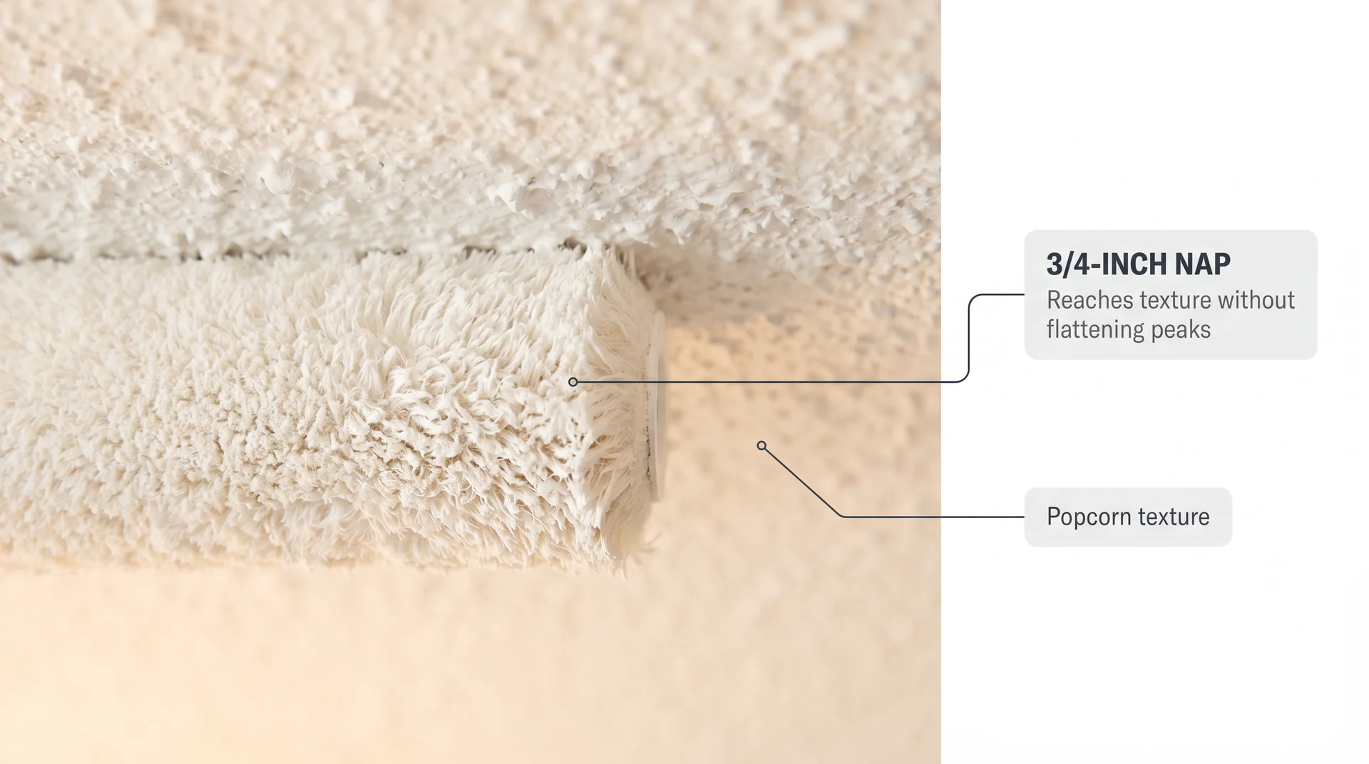 Close-up of a thick nap roller on a popcorn ceiling with annotation showing 3/4-inch nap detail and texture contact