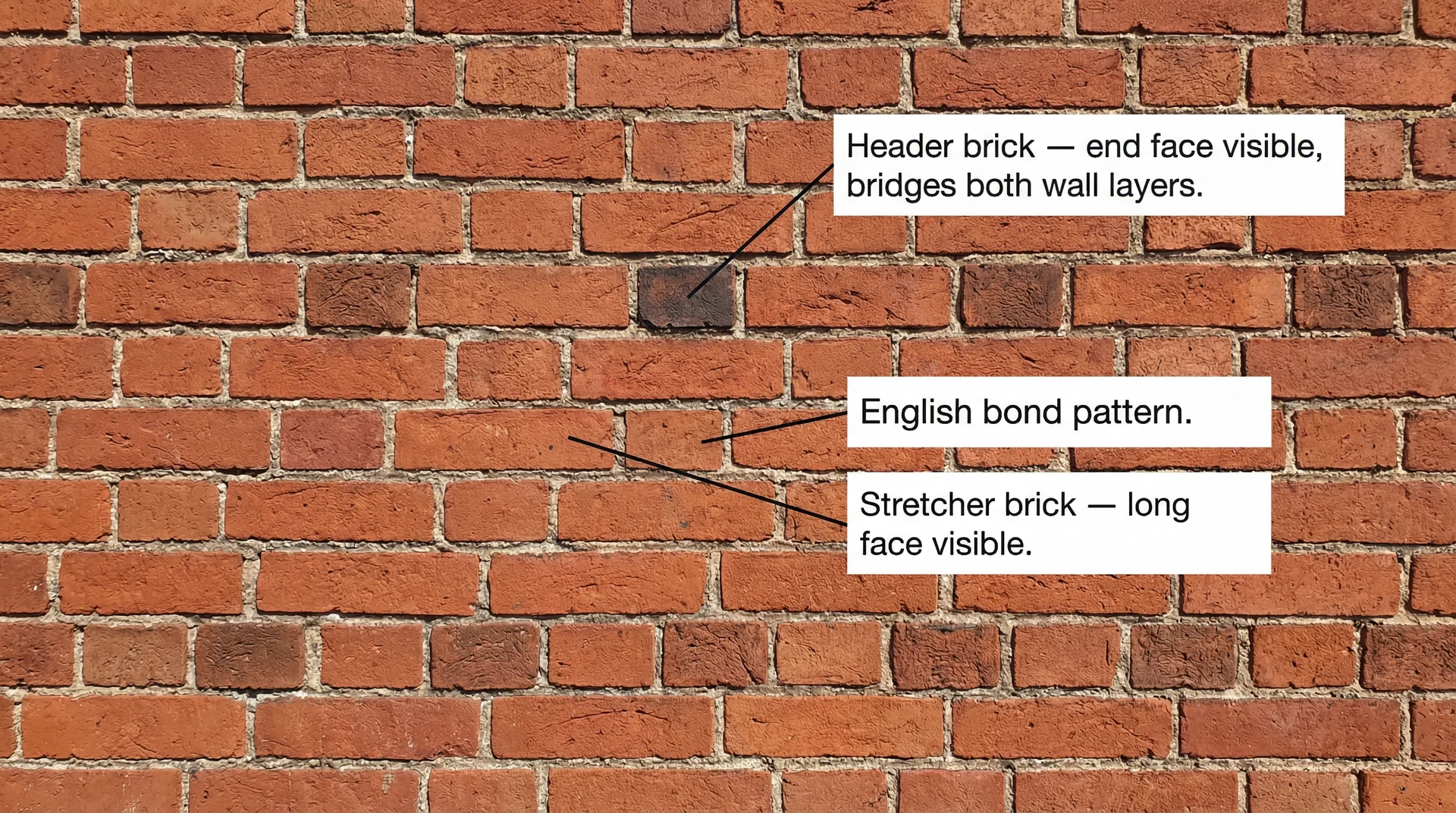 Close-up of brick wall showing header bricks turned sideways — the visual sign of solid masonry construction
