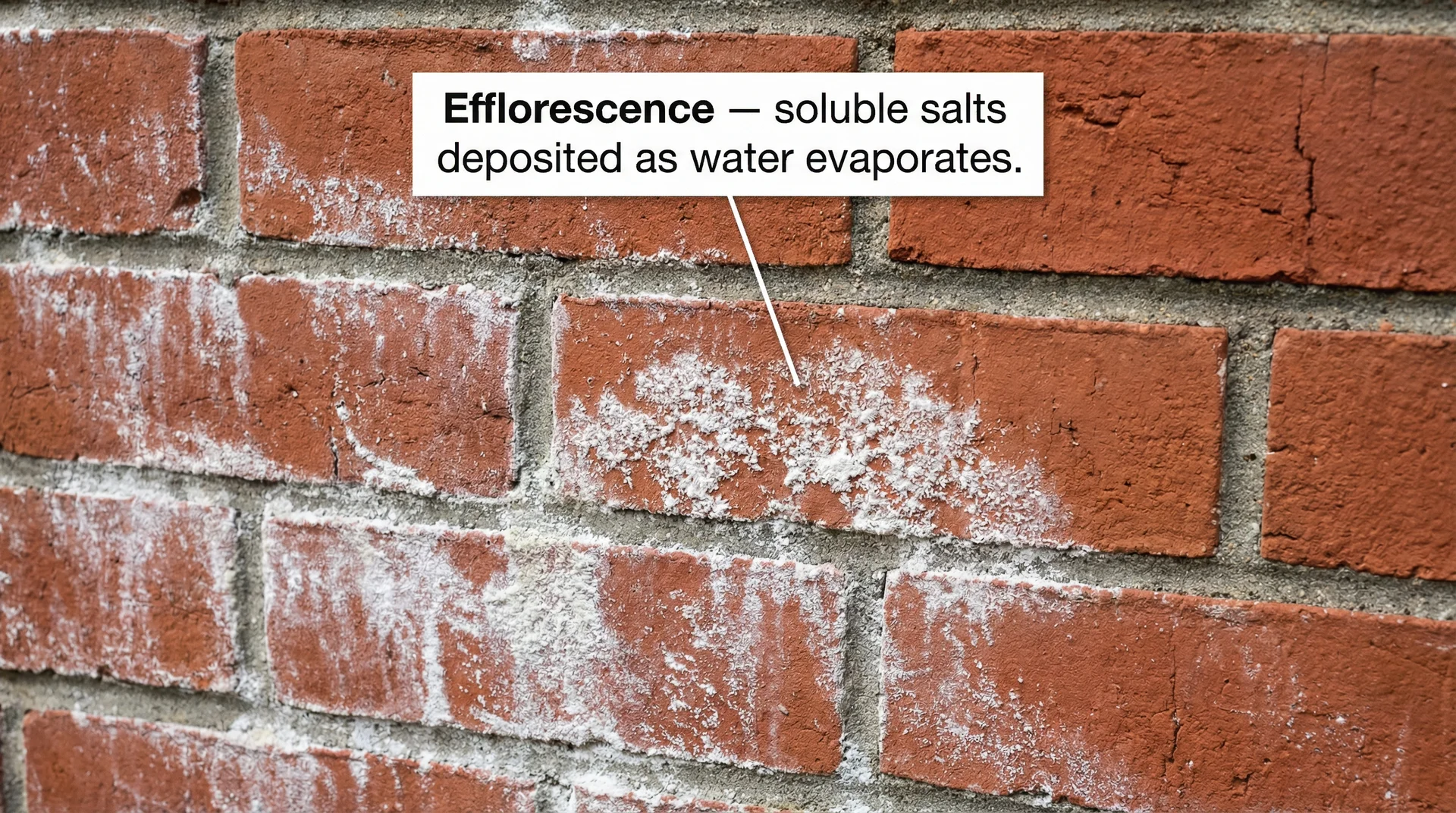 Close-up of brick wall with white powdery efflorescence deposits on the surface, a sign of moisture migration
