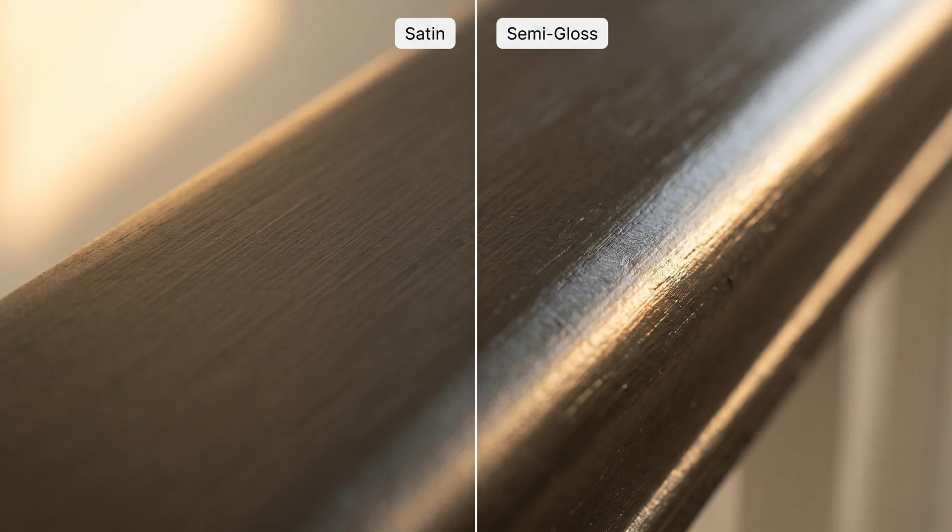 Close-up of charcoal painted stair handrail showing labeled side-by-side zones comparing satin versus semi-gloss sheen