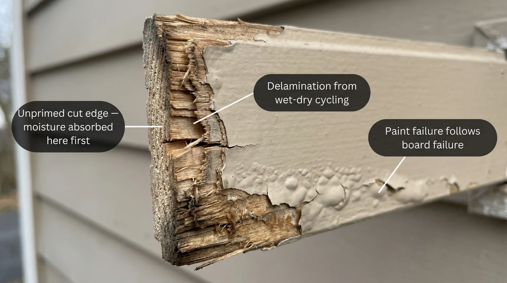 Close-up of engineered wood siding board showing delamination and paint failure at an unprimed cut edge