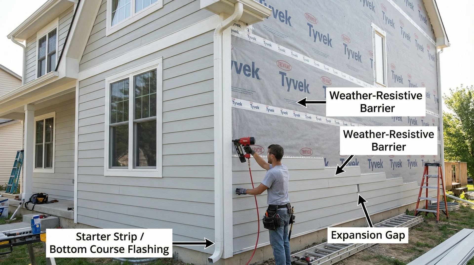 Close-up of failing exterior wood siding showing peeling paint, cracked board, wood rot, and warping with labeled annotations