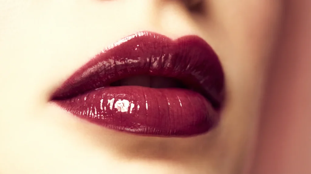 Close-up of glossy, berry-toned lips wearing lip lacquer with a mirror-like shine finish