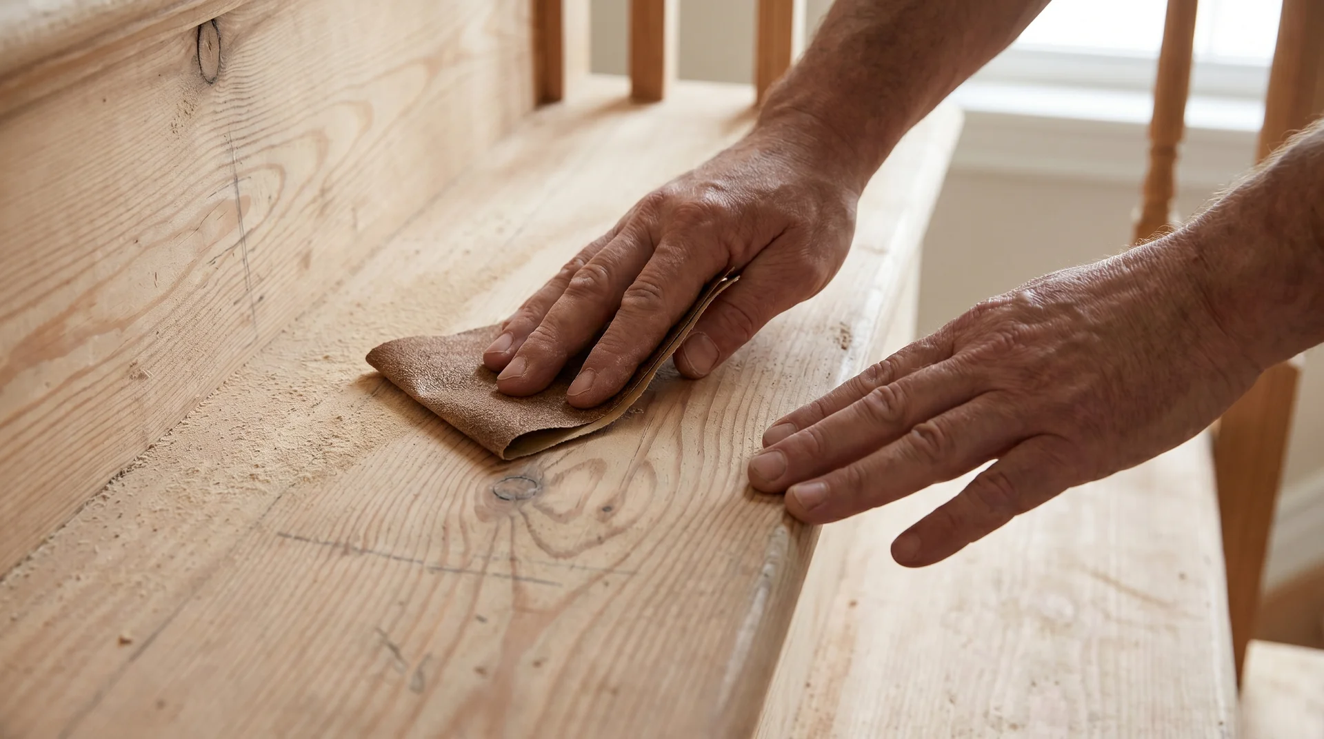 Close-up of hands sanding a pine stair tread along the wood grain in careful preparation before applying stair paint