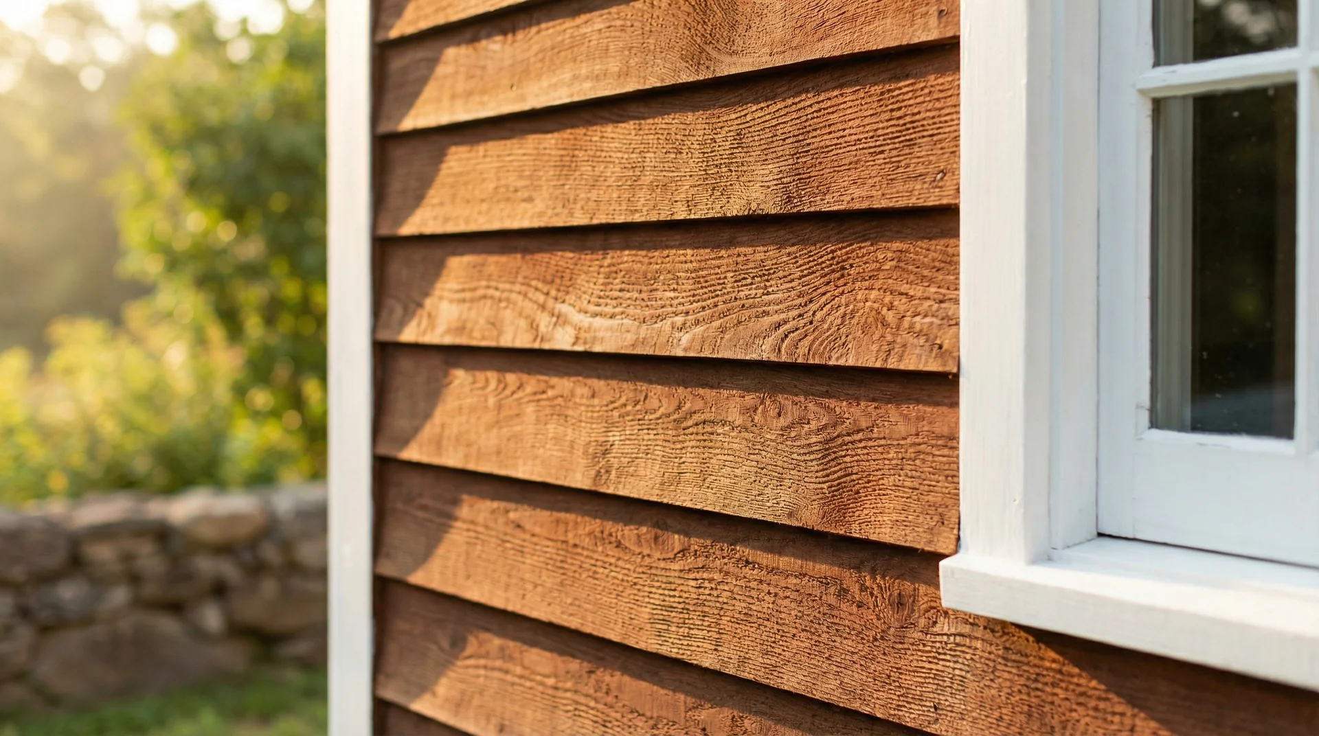 Close-up of natural cedar clapboard siding on a New England-style cottage showing rich wood grain texture and warm tone