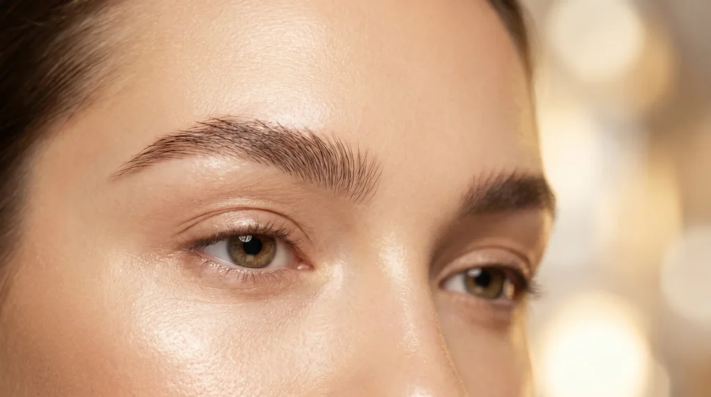 Close-up of naturally shaped eyebrows with soft studio lighting showing defined brow hair strokes