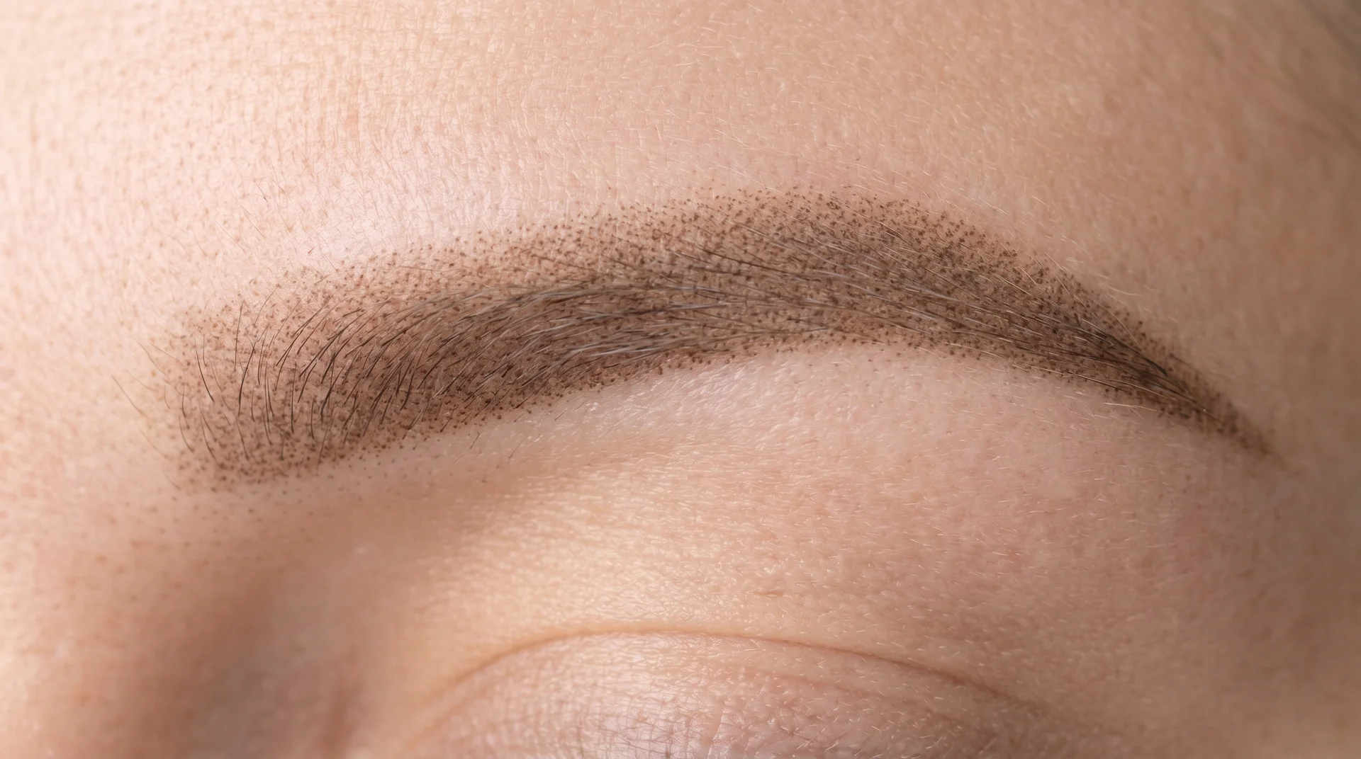 Close-up of powder brow shading showing soft stippled pigment and gradient from light inner corner to deeper tail