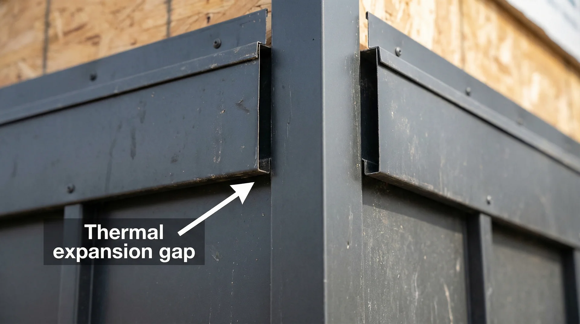 Close-up of steel siding panels showing intentional thermal expansion gap at trim junction
