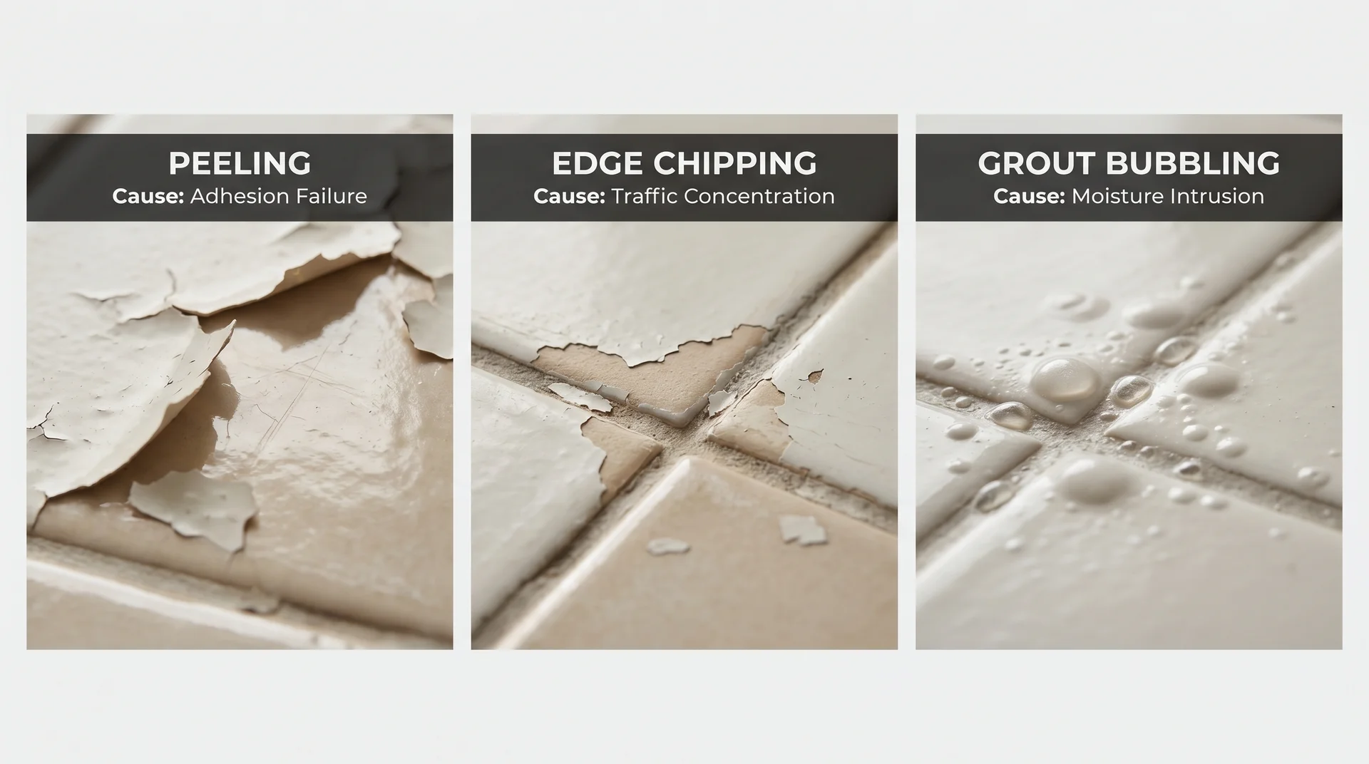 Close-up of three painted tile failures: peeling, edge chipping, and grout-line bubbling with labeled causes