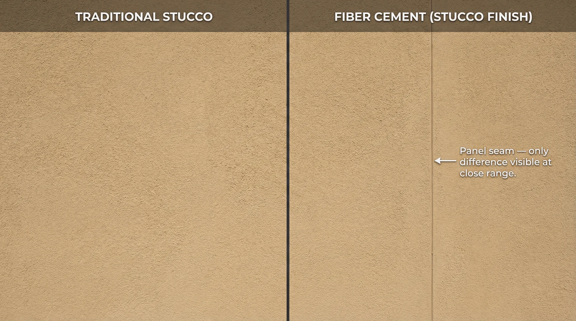 Close-up side-by-side of traditional stucco seamless surface versus fiber cement stucco-finish panel with subtle seam line
