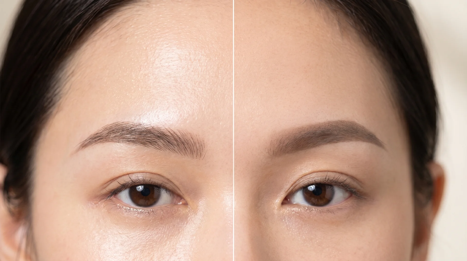 Close-up split showing nano brow hair strokes on the left and soft powder brow shading on the right