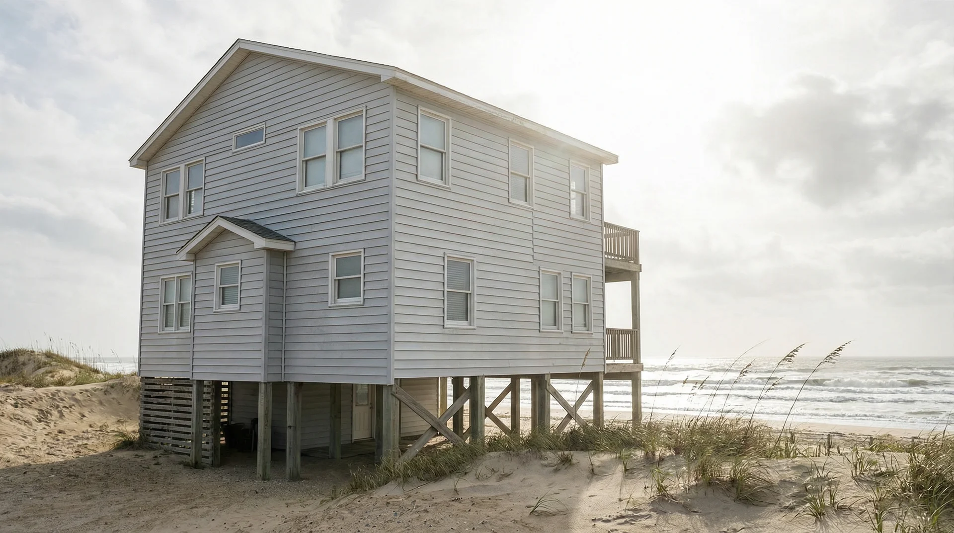 Coastal beach house on pilings with aluminum lap siding, ocean visible in background
