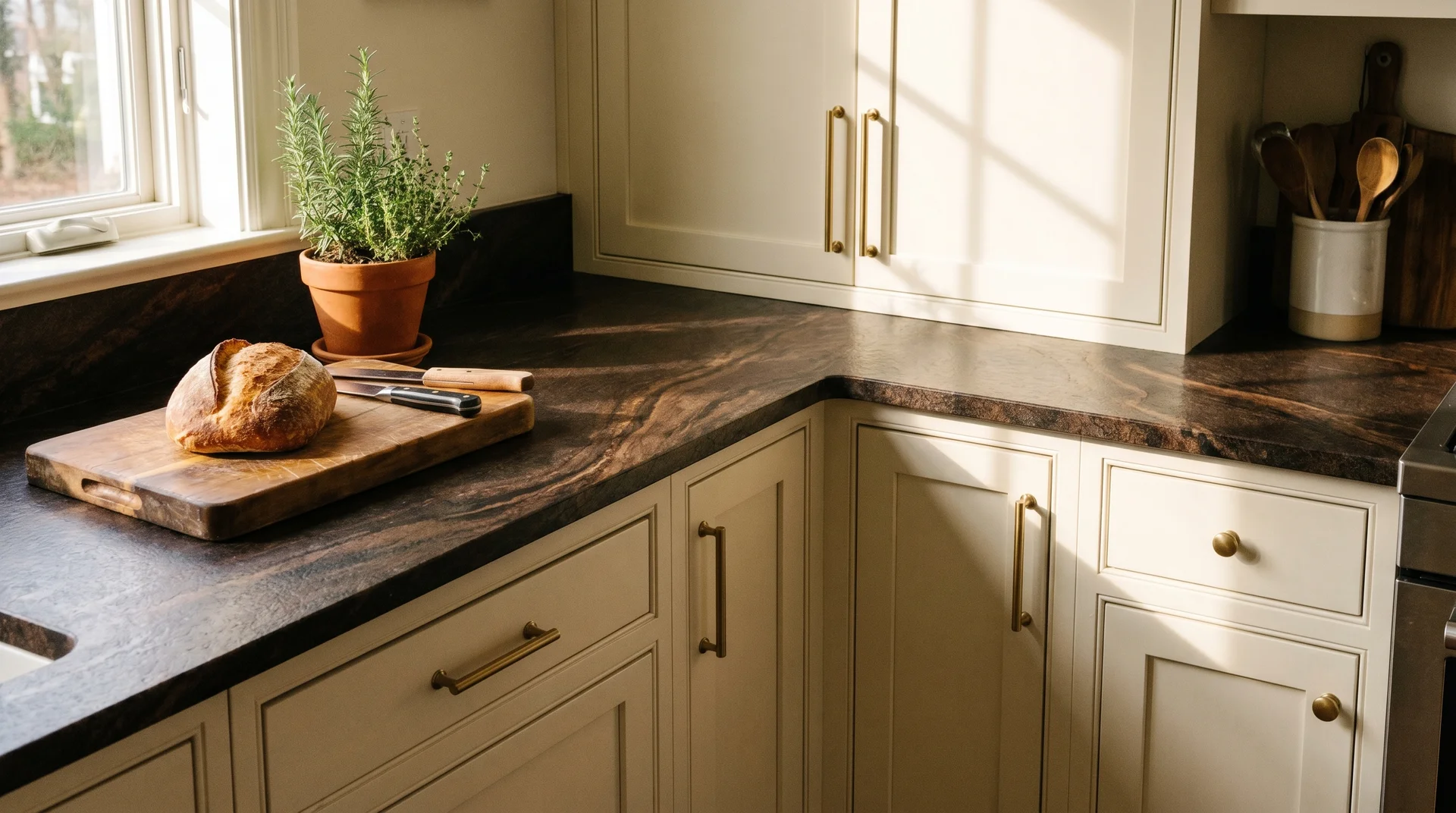 Coffee Brown granite countertop with rich dark brown veining and leathered finish, paired with cream Shaker cabinets