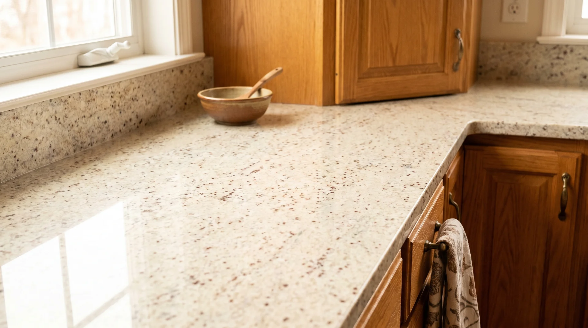 Colonial White granite countertop with creamy vanilla base and warm brown flecks, paired with honey oak cabinets
