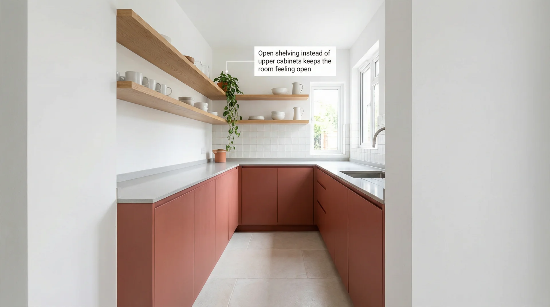 Compact galley kitchen with muted terracotta lower cabinets and open oak shelving above, keeping the small space feeling light and open