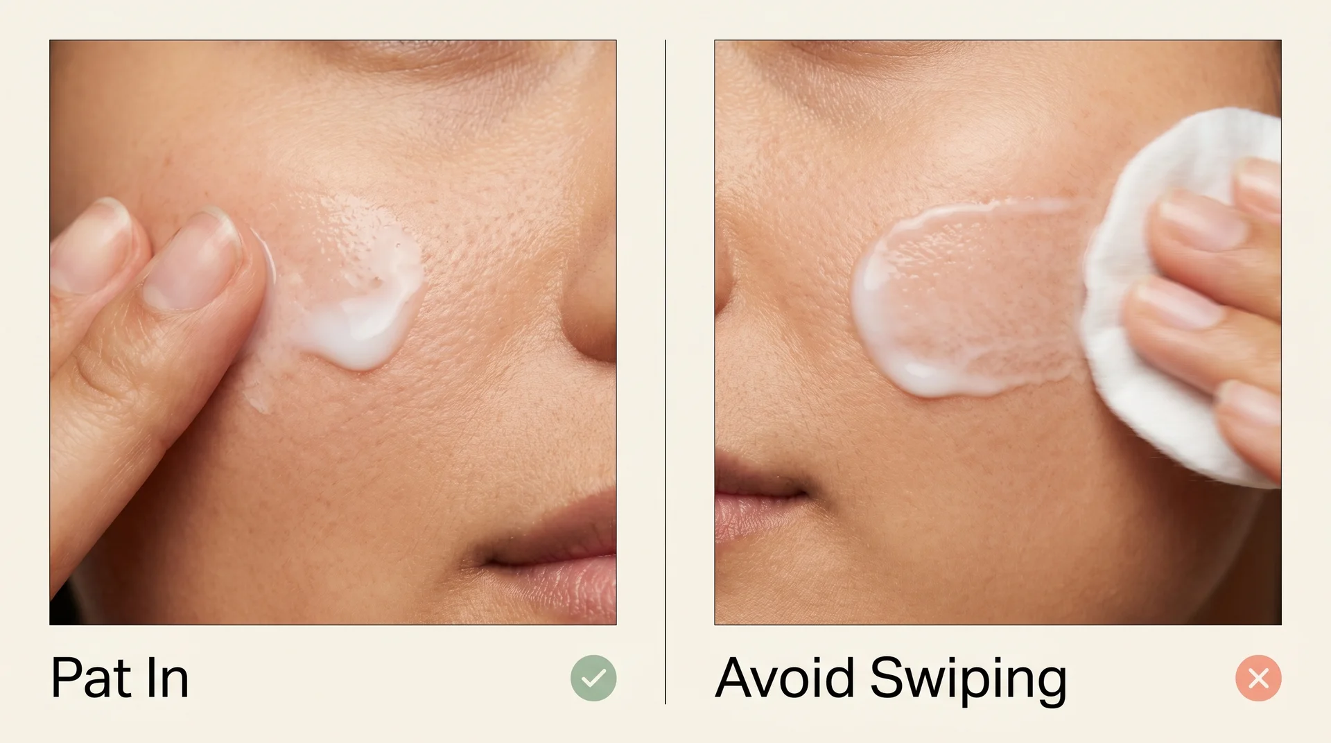 Comparison of correct patting technique versus cotton pad swiping when applying Korean milky toner