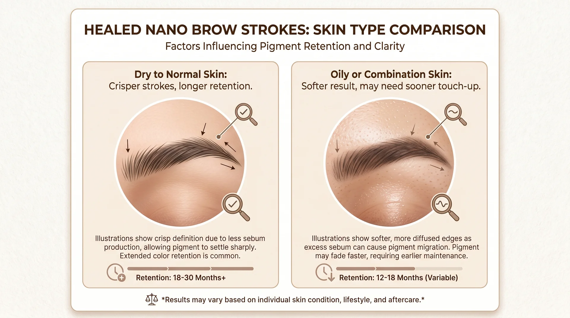 Comparison of healed nano brow results on dry skin versus oily skin showing stroke crispness difference
