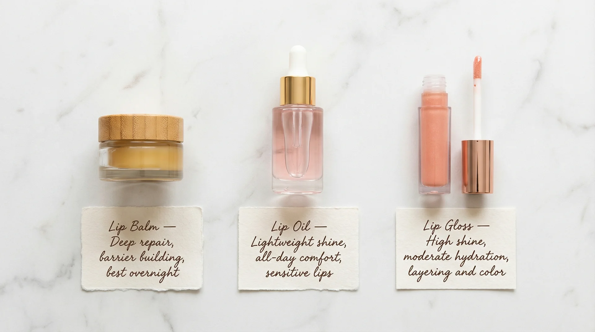 Comparison of lip balm lip oil and lip gloss with use-case labels showing when to use each product 