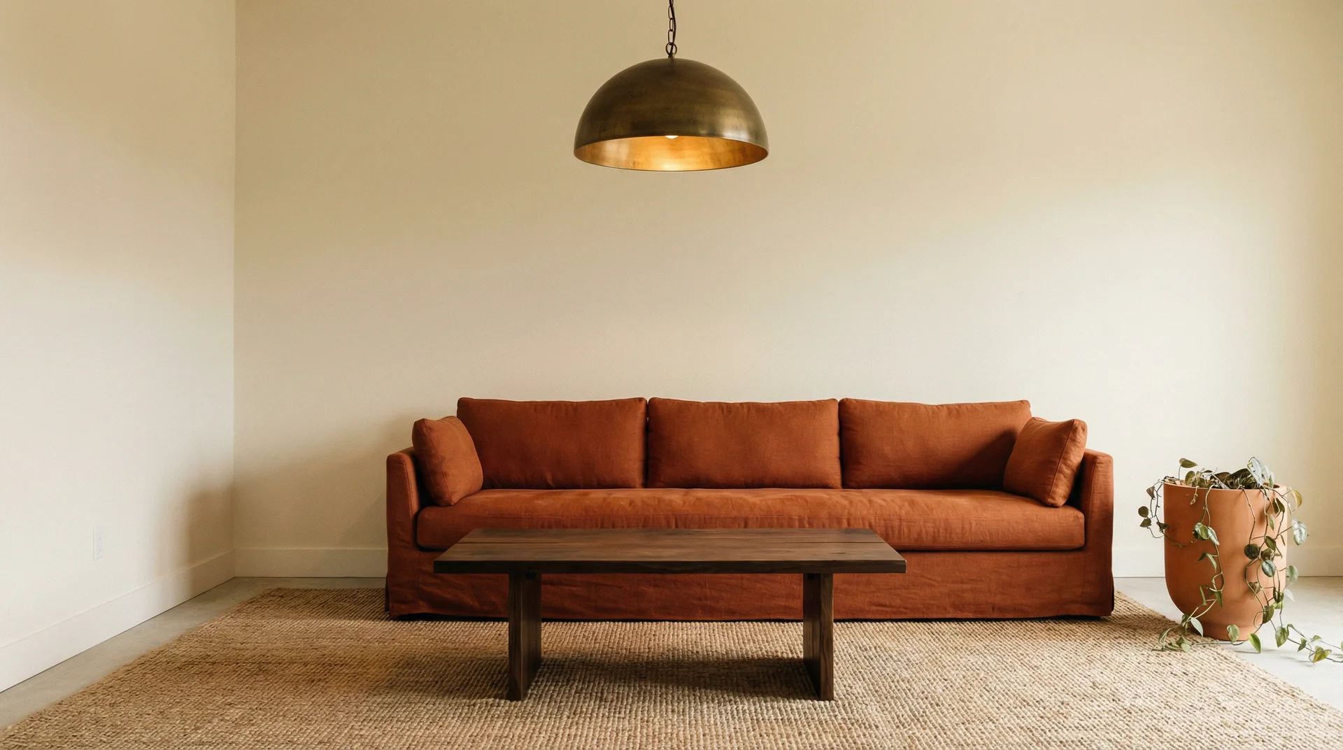 Complete rustic living room with burnt orange sofa, cream walls, walnut coffee table and aged brass pendant as the only four elements
