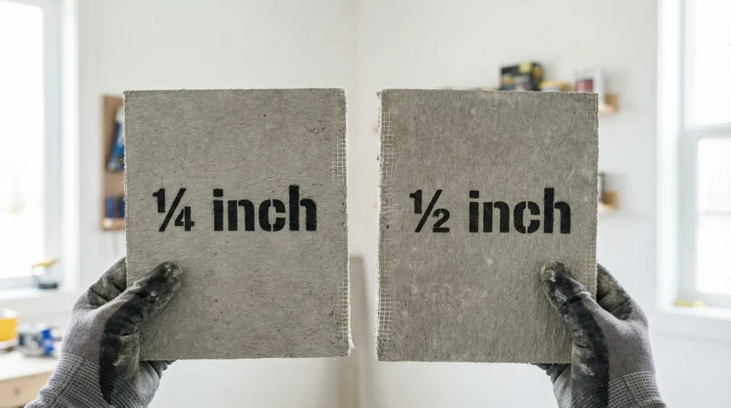 Contractor holding ¼ inch and ½ inch cement board sheets side by side showing thickness difference