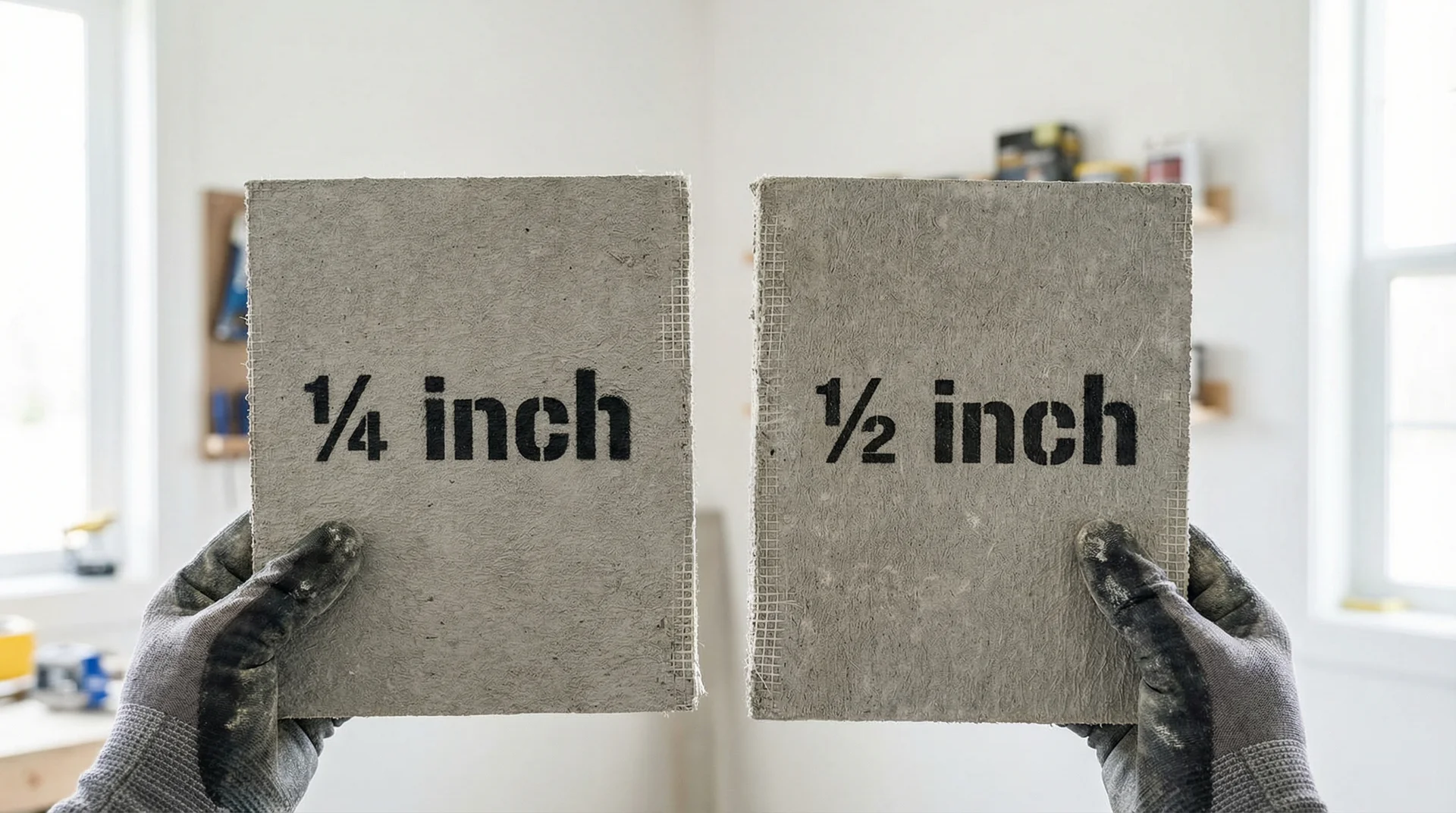 Contractor holding ¼ inch and ½ inch cement board sheets side by side showing thickness difference