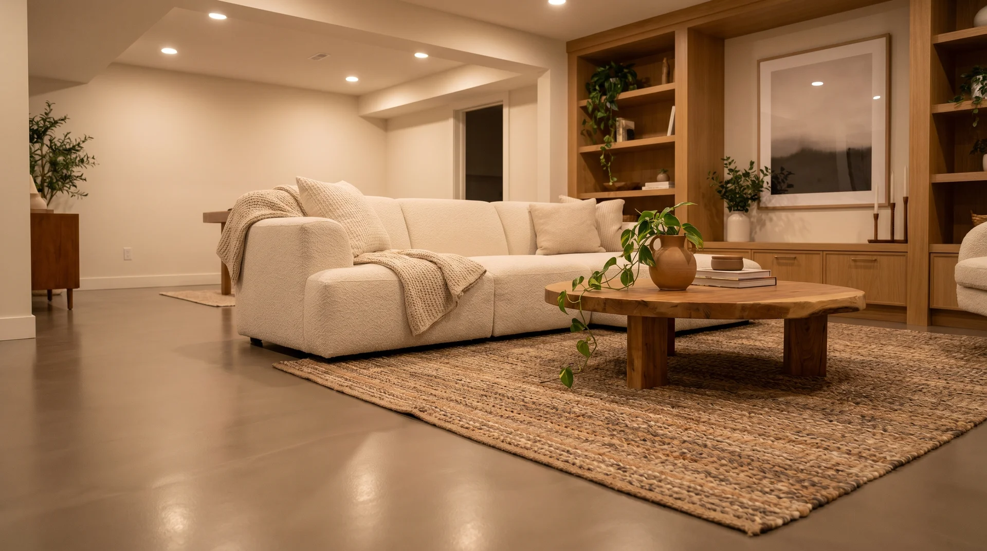 Cosy basement living room with a warm greige satin epoxy floor, showing how epoxy paint suits a residential interior