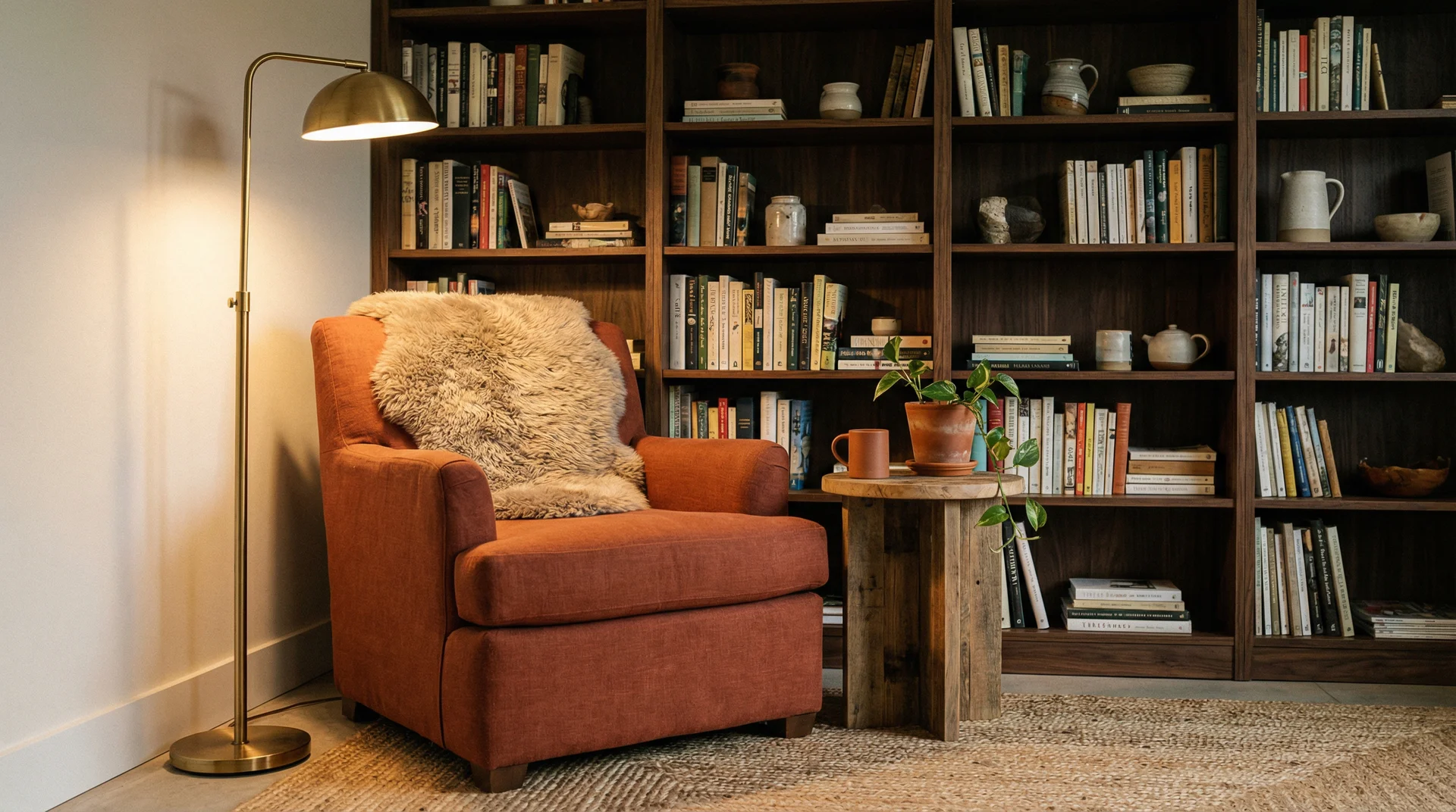 Cosy rustic reading nook with burnt orange armchair, sheepskin throw, dark walnut bookshelf and brass floor lamp