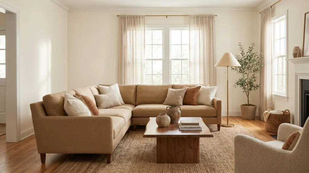 Cozy living room with walls painted in Alabaster white paint SW 7008, warm oak floors, and linen sofa