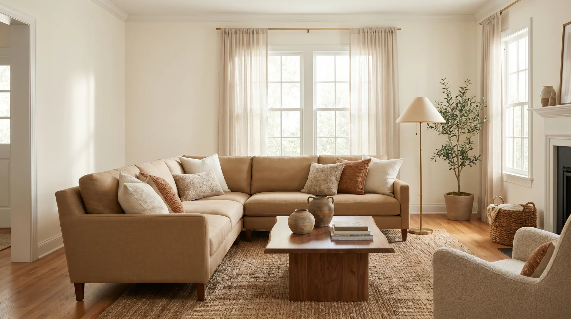 Cozy living room with walls painted in Alabaster white paint SW 7008, warm oak floors, and linen sofa