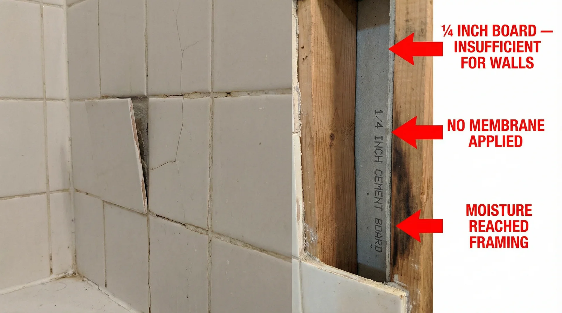 Cracked shower tile with cutaway showing quarter inch cement board without waterproof membrane and moisture damage on wood stud
