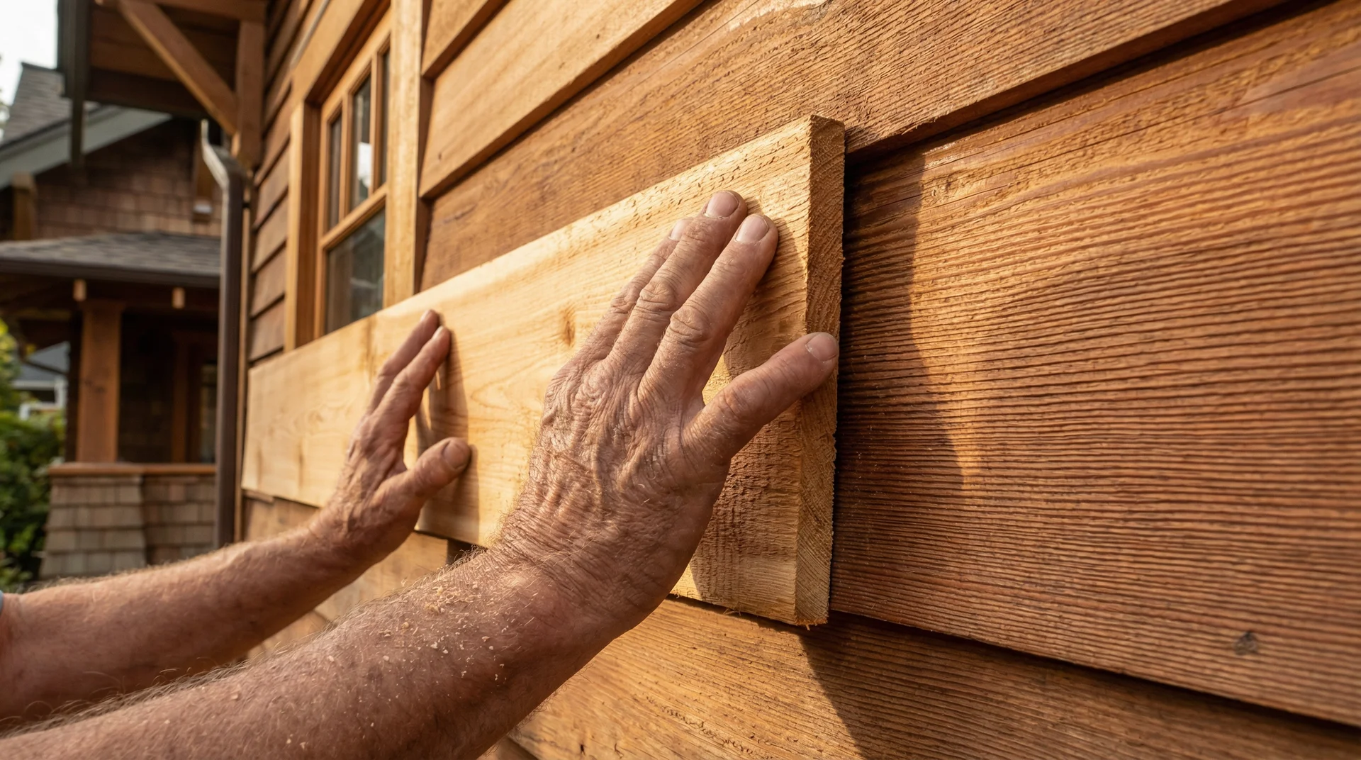 Craftsman holding Western Red Cedar siding board against installed cedar clapboard wall showing rich grain