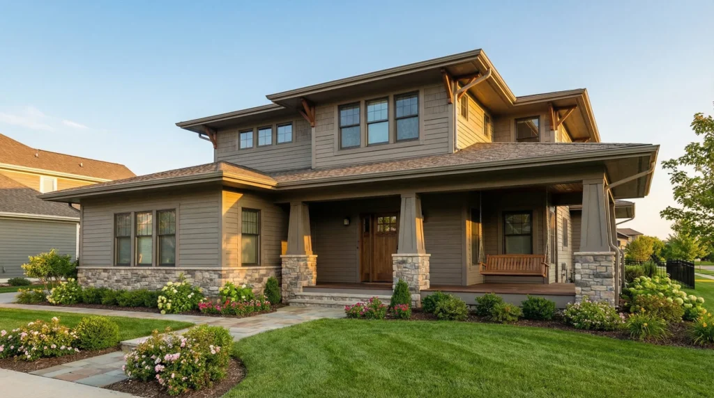 Craftsman home with fiber cement lap siding in warm gray, photographed at golden hour