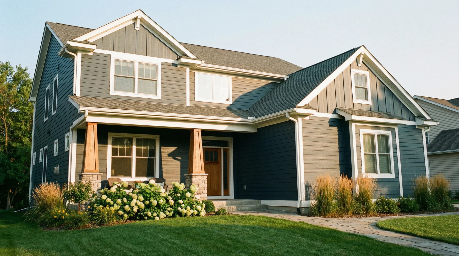 Craftsman-style home with deep slate blue fiber cement lap siding and white trim showing wood-grain texture detail
