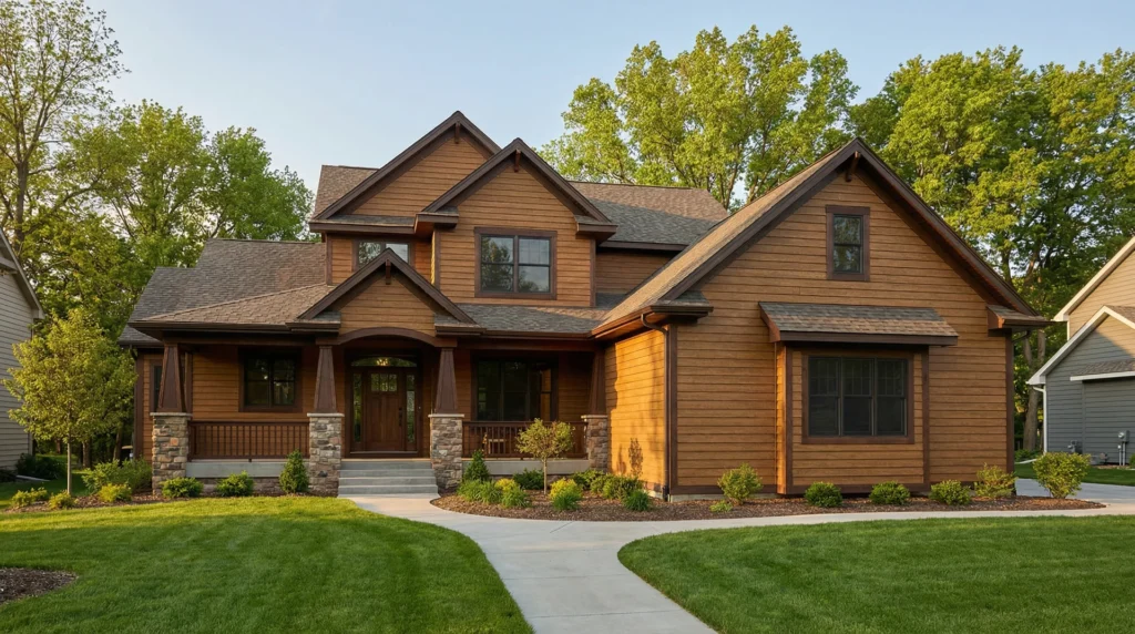 Craftsman-style home with horizontal engineered wood lap siding in cedar-grain finish, golden hour