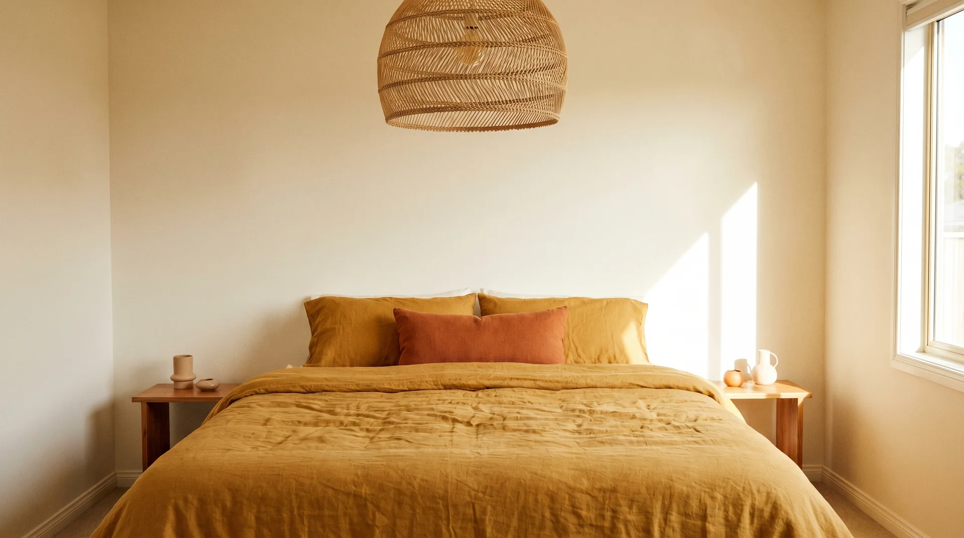 Cream bedroom with a mustard linen duvet, burnt orange lumbar cushion, warm wood tables, and a rattan lamp