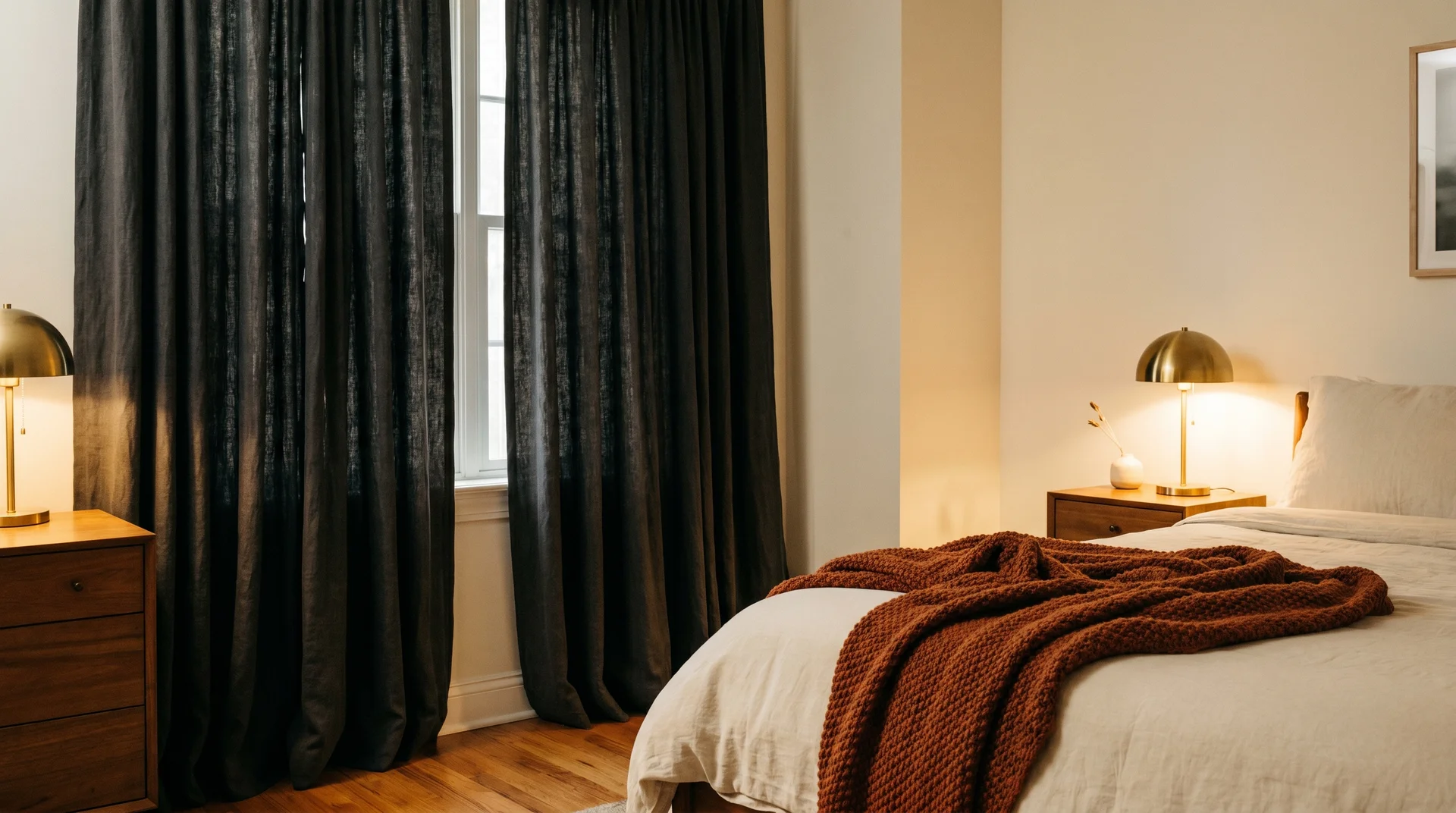 Cream bedroom with charcoal curtains, one burnt orange knit throw, and brass lamps for minimal drama
