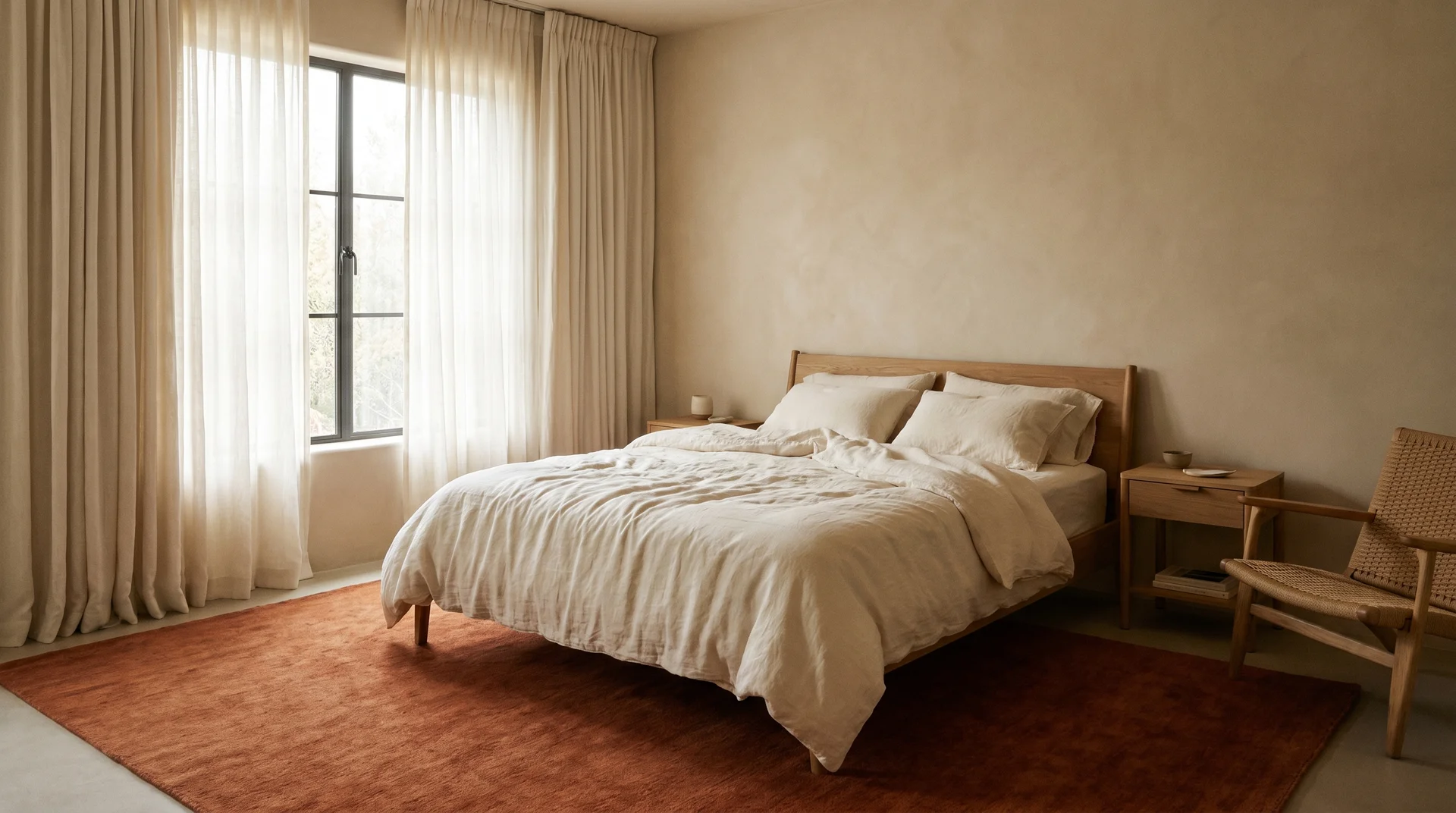 Cream bedroom with ivory curtains and a burnt orange area rug as the sole colour anchor beneath the bed
