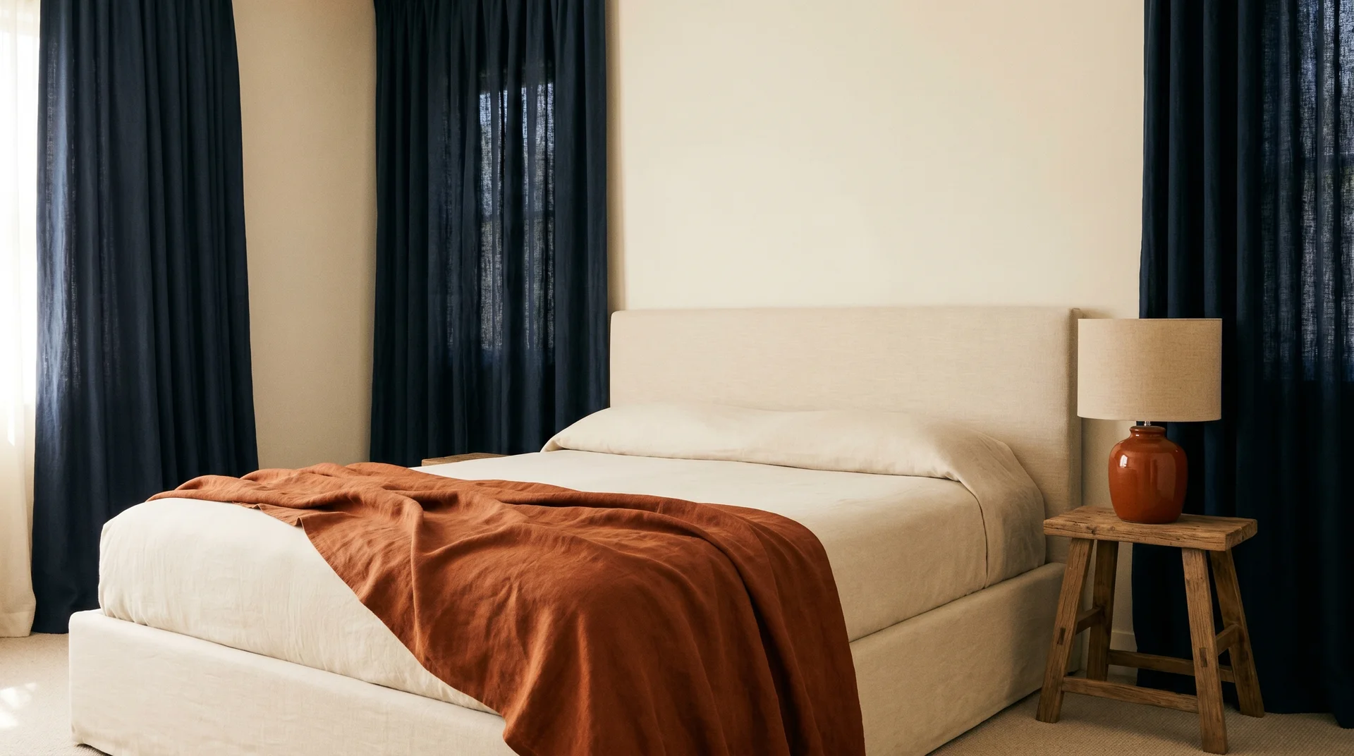 Cream bedroom with navy curtains, one burnt orange throw, and a single burnt orange ceramic bedside lamp