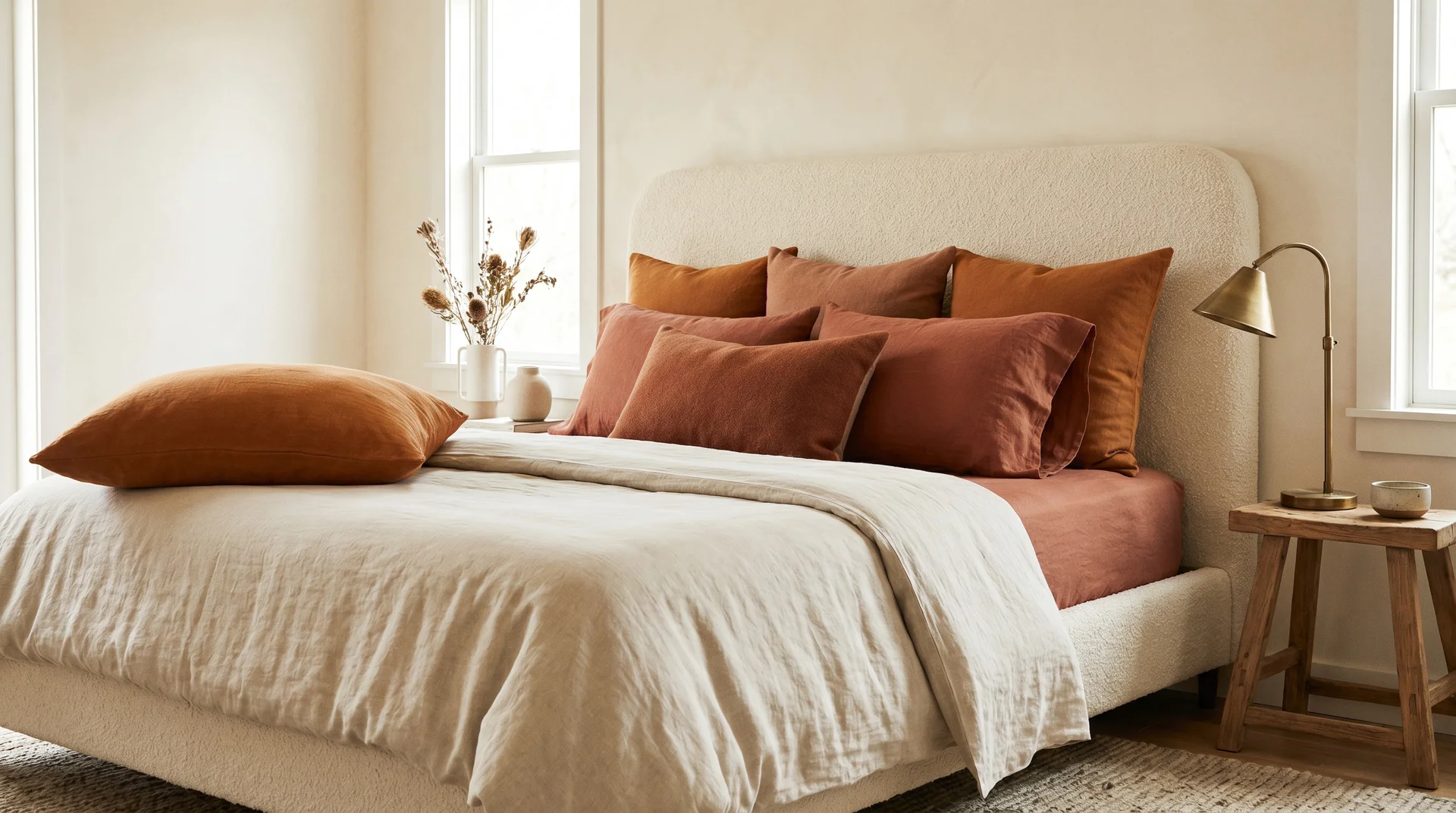 Cream boucle headboard with burnt orange and terracotta cushions in a warm off-white bedroom 
