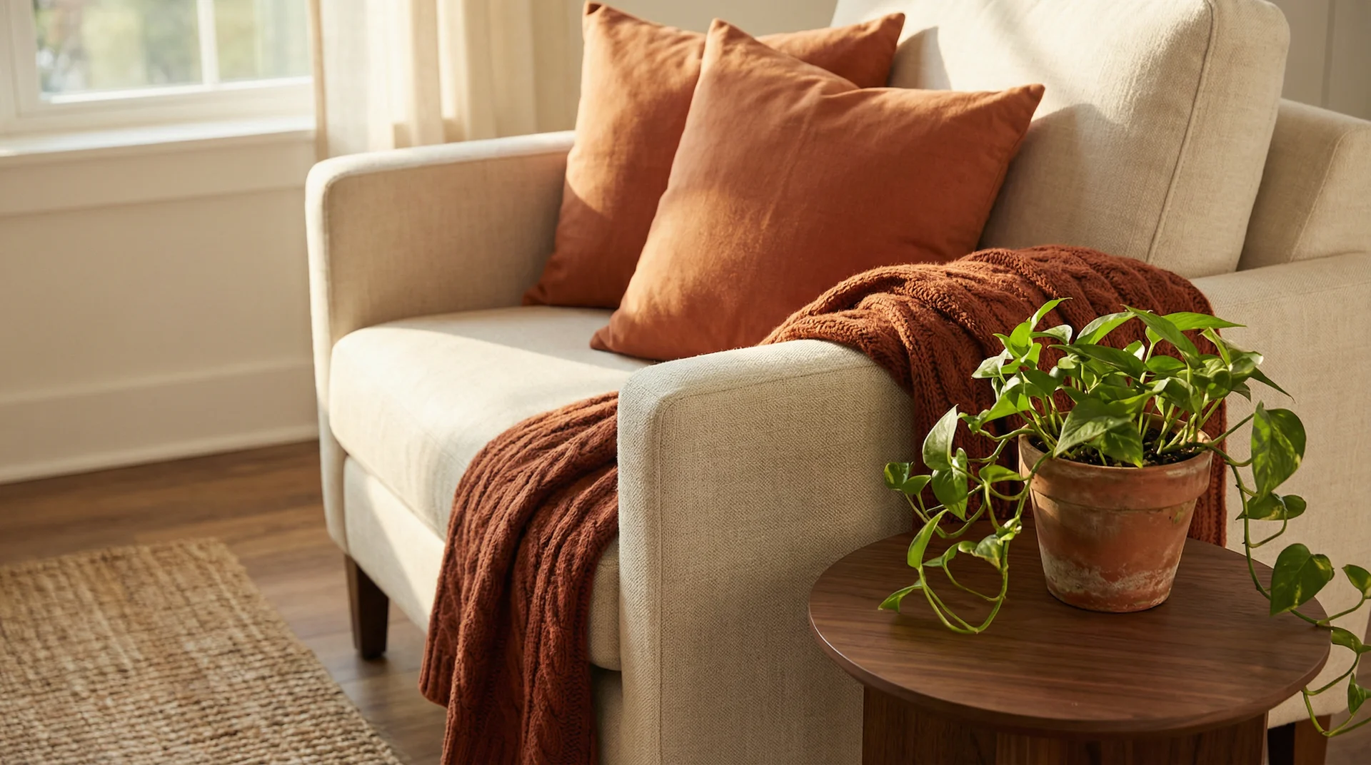 Cream linen sofa styled with two burnt orange cushions, rust throw and terracotta planter on a walnut side table