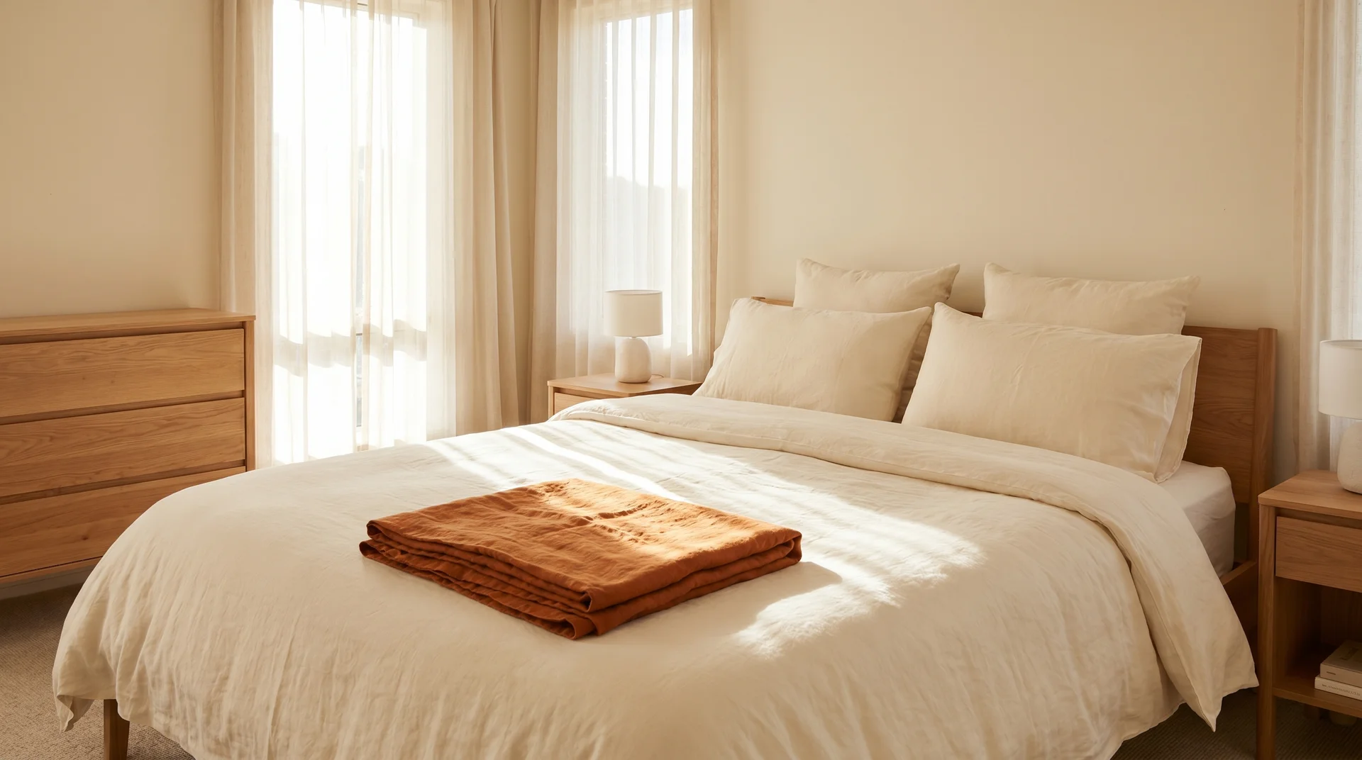 Cream neutral bedroom with a single burnt orange linen throw at the foot of the bed as a colour test 